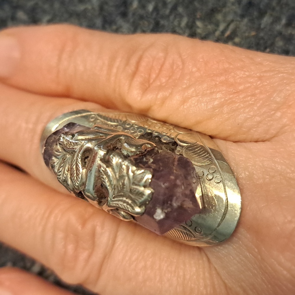 Amethyst Point Ring Set In Adjustable Etched Setting